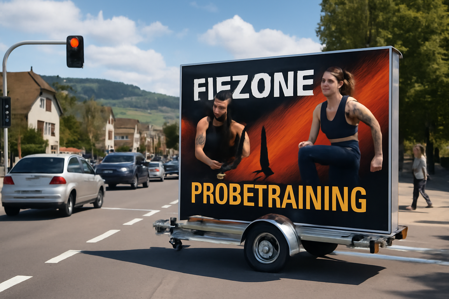 Werbeanhänger mit Fitnessstudio-Werbung