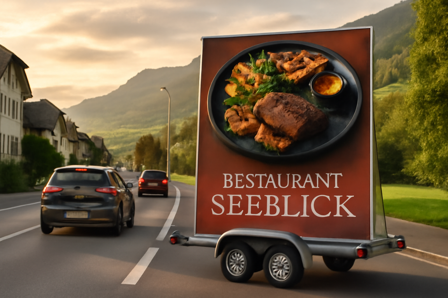 Werbeanhänger mit Restaurant-Werbung an einer Strasse